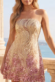 Sparkly A-Line Gold and Pink Strapless Sequins Homecoming Dress