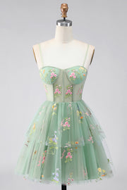 A-Line Dusty Sage Tulle Floral Corset Short Formal Dress with Bow