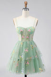 A-Line Dusty Sage Tulle Floral Corset Short Formal Dress with Bow