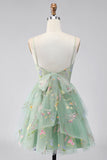 A-Line Dusty Sage Tulle Floral Corset Short Formal Dress with Bow