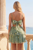 A-Line Dusty Sage Tulle Floral Corset Short Formal Dress with Bow