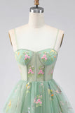 A-Line Dusty Sage Tulle Floral Corset Short Formal Dress with Bow