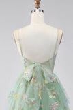 A-Line Dusty Sage Tulle Floral Corset Short Formal Dress with Bow