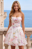 A-Line Strapless Ivory Floral Chiffon Ruched Corset Short Formal Dress