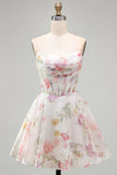 A-Line Strapless Ivory Floral Chiffon Ruched Corset Short Formal Dress