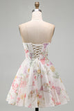 A-Line Strapless Ivory Floral Chiffon Ruched Corset Short Formal Dress