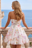 A-Line Strapless Ivory Floral Chiffon Ruched Corset Short Formal Dress
