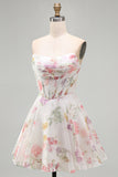 A-Line Strapless Ivory Floral Chiffon Ruched Corset Short Formal Dress