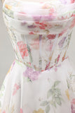 A-Line Strapless Ivory Floral Chiffon Ruched Corset Short Formal Dress