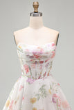 A-Line Strapless Ivory Floral Chiffon Ruched Corset Short Formal Dress
