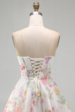 A-Line Strapless Ivory Floral Chiffon Ruched Corset Short Formal Dress