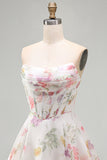 A-Line Strapless Ivory Floral Chiffon Ruched Corset Short Formal Dress