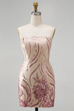 Sparkly Strapless Gold and Pink Bodycon Sequins Short Formal Dress