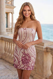 Sparkly Strapless Gold and Pink Bodycon Sequins Short Formal Dress