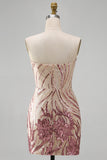 Sparkly Strapless Gold and Pink Bodycon Sequins Short Formal Dress