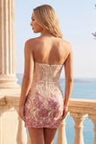 Sparkly Strapless Gold and Pink Bodycon Sequins Short Formal Dress