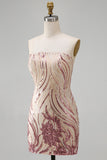 Sparkly Strapless Gold and Pink Bodycon Sequins Short Formal Dress