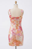Sparkly Bodycon Orange Square Neck Sequins Homecoming Dress