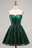 Sparkly A-Line Dark Green Corset Sweetheart Sequins Short Formal Dress