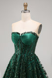 Sparkly A-Line Dark Green Corset Sweetheart Sequins Short Formal Dress