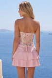 A-Line Pink Floral Spaghetti Straps Short Formal Dress with Ruffles