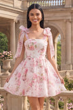 White Pink Flower A-Line Thick Straps Chiffon Short Formal Dress