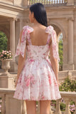 White Pink Flower A-Line Thick Straps Chiffon Short Formal Dress