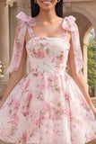 White Pink Flower A-Line Thick Straps Chiffon Homecoming Dress