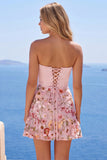 Pink Strapless A-Line Corset Floral Short Formal Dress with Ruffles