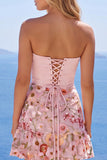 Pink Strapless A-Line Corset Floral Homecoming Dress with Ruffles