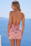 Pink Spaghetti Straps Floral Bodycon Short Formal Dress with Beading