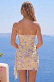 One Shoulder Bodycon Light Yellow Floral Short Formal Dress with Sash