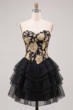 A-Line Gold and Black Sweetheart Floral Tiered Homecoming Dress with Lace Up Back