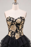 A-Line Gold and Black Sweetheart Floral Tiered Homecoming Dress with Lace Up Back