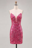 Sparkly Fuchsia Sweetheart Bodycon Sequins Homecoming Dress with Lace Up Back