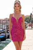 Sparkly Fuchsia Sweetheart Bodycon Sequins Homecoming Dress with Lace Up Back