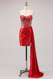 Sweetheart Red Bodycon Sheer Corset Ruched Sequins Homecoming Dress with Sash