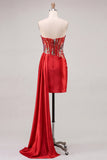 Sweetheart Red Bodycon Sheer Corset Ruched Sequins Homecoming Dress with Sash