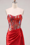 Sweetheart Red Bodycon Sheer Corset Ruched Sequins Homecoming Dress with Sash