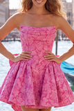 Hot Pink Strapless Floral A-Line Jacquard Bow Homecoming Dress with Lace Up Back