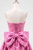 Hot Pink Strapless Floral A-Line Jacquard Bow Homecoming Dress with Lace Up Back