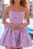 Hot Pink Strapless Floral A-Line Jacquard Bow Homecoming Dress with Lace Up Back