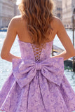 Hot Pink Strapless Floral A-Line Jacquard Bow Homecoming Dress with Lace Up Back