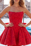 Hot Pink Strapless Floral A-Line Jacquard Bow Homecoming Dress with Lace Up Back