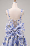 A-Line Light Blue Square Neck Jacquard Bow Homecoming Dress with Lace Up Back