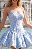 A-Line Blue Jacquard Floral Corset Strapless Homecoming Dress