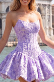 A-Line Blue Jacquard Floral Corset Strapless Homecoming Dress