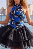 Gold and Black Halter Neck Tiered Floral A-Line Homecoming Dress with Lace Up Back