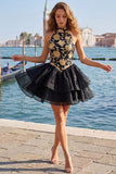 Gold and Black Halter Neck Tiered Floral A-Line Homecoming Dress with Lace Up Back