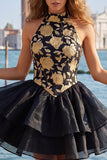 Gold and Black Halter Neck Tiered Floral A-Line Homecoming Dress with Lace Up Back